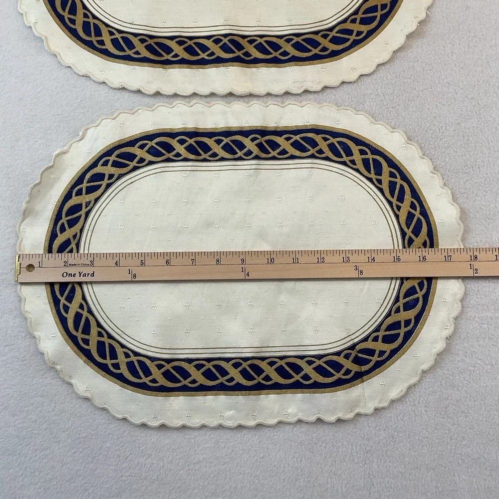 Lenox Hamilton Oval Placemats Cloth Set Of 2 Ivory Gold Navy Blue Vintage Lot #3